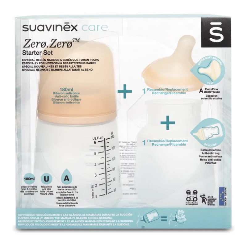 Set biberon anticolici 180ml, tetina si saculet din silicon, Suavinex — preț și oferte
