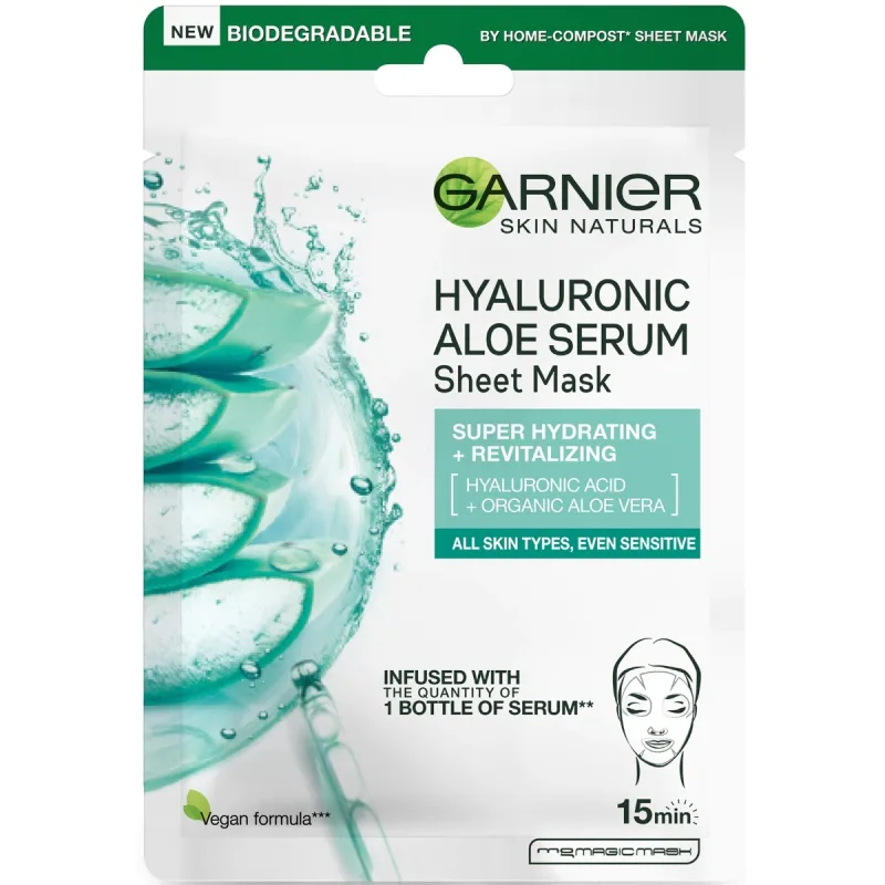 Masca servetel cu acid hialuronic si aloe vera pentru toate tipurile de ten, 28g, Garnier — preț și oferte