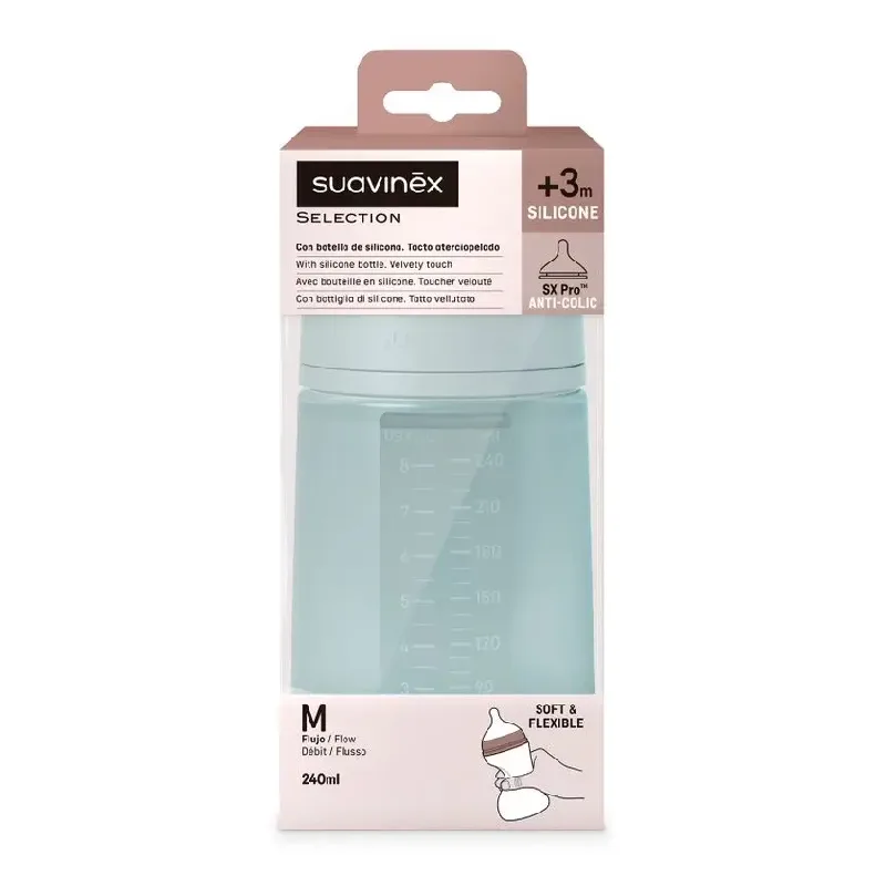 Biberon din silicon SX Pro Colour Essence, debit mediu, bleu, 240ml, Suavinex — preț și oferte
