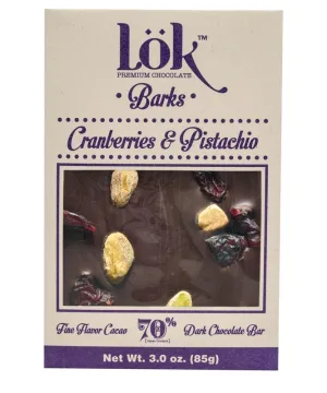 Dark Chocolate 70% cacao cu merisoare si fistic, 85g, LOK