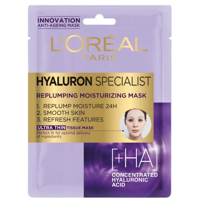 Masca servetel hidratanta pentru volumul tenului Hyaluron Specialist, 32g, L'Oreal Paris — preț și oferte