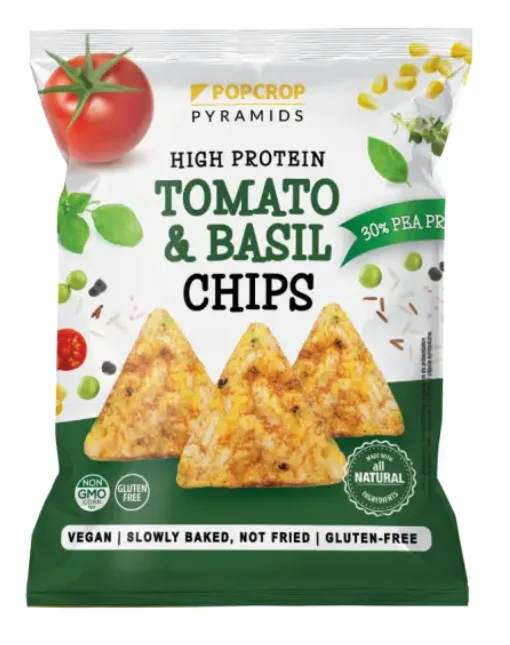 Chips-uri cu proteina de mazare si aroma de rosii si busuioc, 60g, Popcrop — preț și oferte