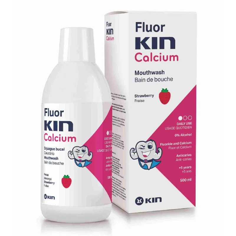 Apa de gura pentru copii cu aroma de capsuni, Fluor Kin Calcium, 500 ml, Kin — preț și oferte