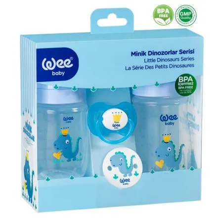 Set biberon si suzeta Dino albastru, 1 bucata, Wee Baby — preț și oferte