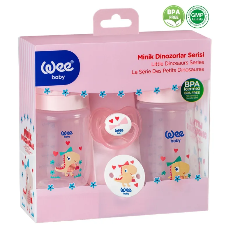 Set biberon si suzeta Dino roz, 1 bucata, Wee Baby — preț și oferte