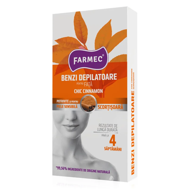 Benzi depilatoare pentru fata Chic Cinnamon, 20 benzi + 2 servetele, Farmec — preț și oferte