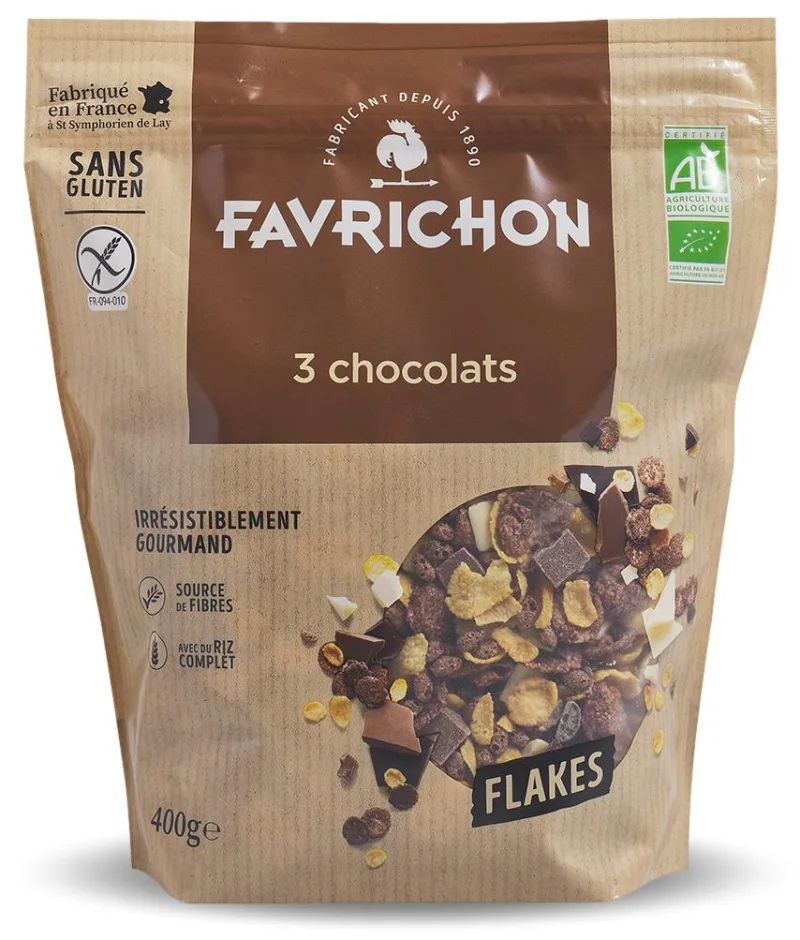 Fulgi bio crocanti cu 3 feluri de ciocolata, 400g, Favrichon — preț și oferte