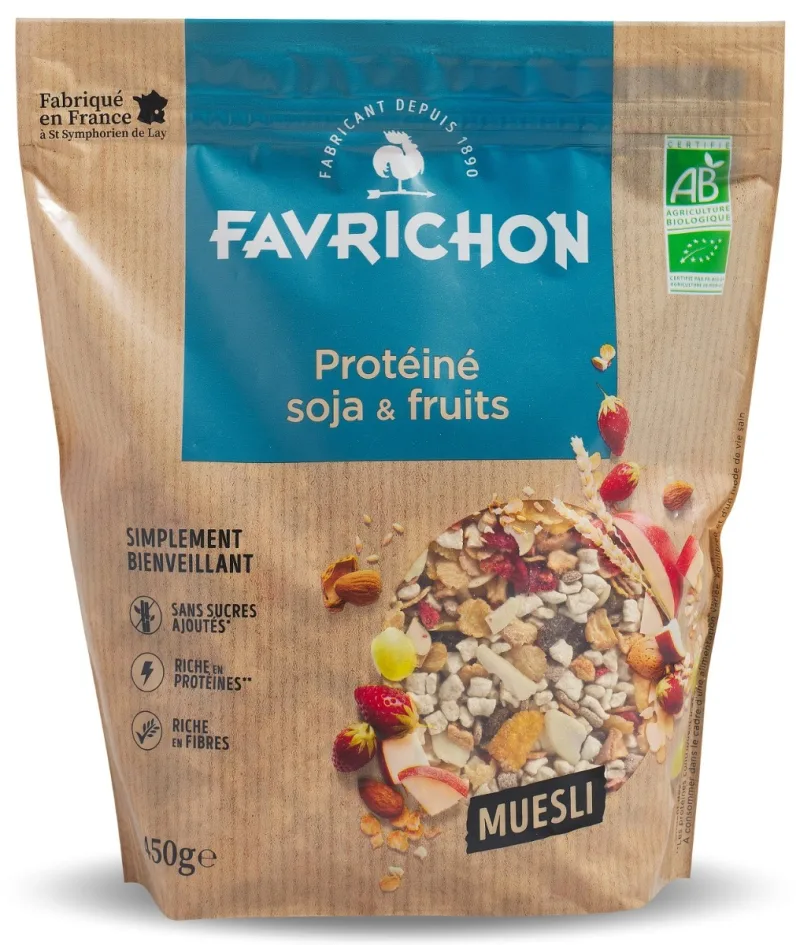 Musli bio fara zahar cu 40% proteine, soia si fructe, 450g, Favrichon — preț și oferte