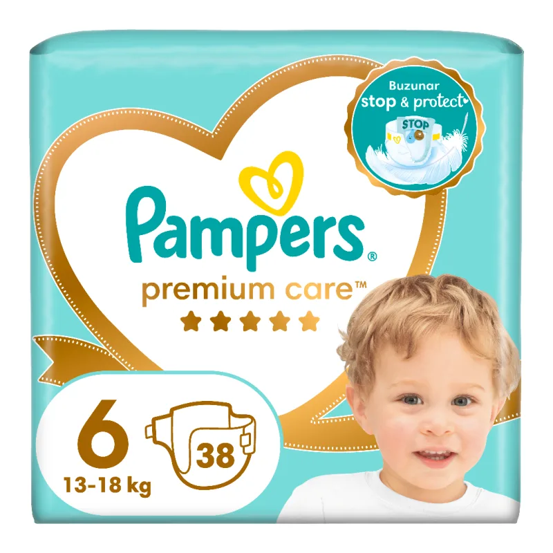 Scutece Premium Care, marimea 6, 15+kg, 38 bucati, Pampers — preț și oferte