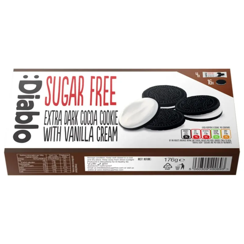 Biscuiti cu cacao fara zahar cu umplutura de vanilie 176g, Diablo — preț și oferte