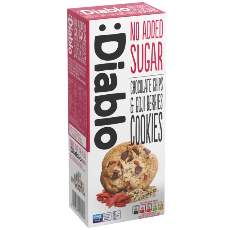 Biscuiti fara zahar cu bucatele de ciocolata si goji, 135g, Diablo — preț și oferte
