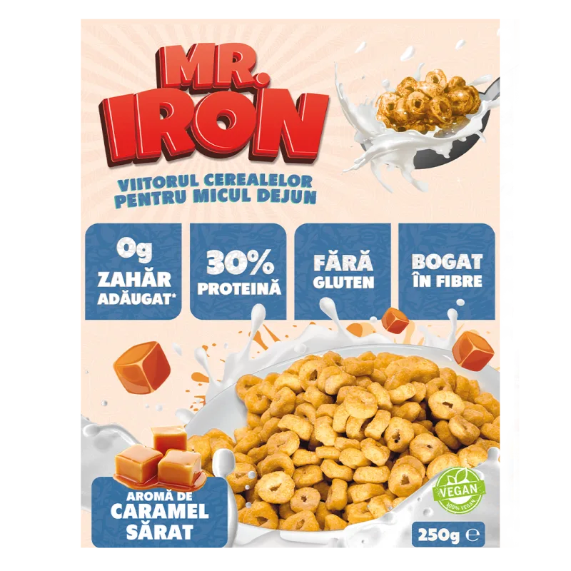 Cereale cu 30% proteina fara zahar low-carb gluten free si vegane Caramel Sarat, 250g, Mr. Iron — preț și oferte
