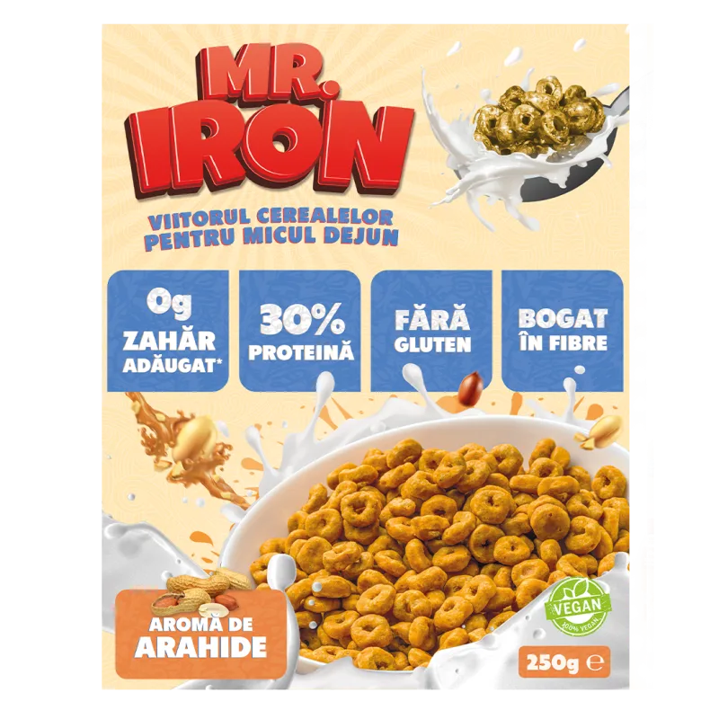 Cereale cu 30% proteina fara zahar low-carb gluten free si vegane Unt de Arahide, 250g, Mr. Iron — preț și oferte