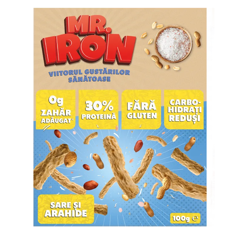 Snack cu 30% proteina fara zahar low-carb gluten free Sare si Arahide Tojos, 100g, Mr. Iron — preț și oferte