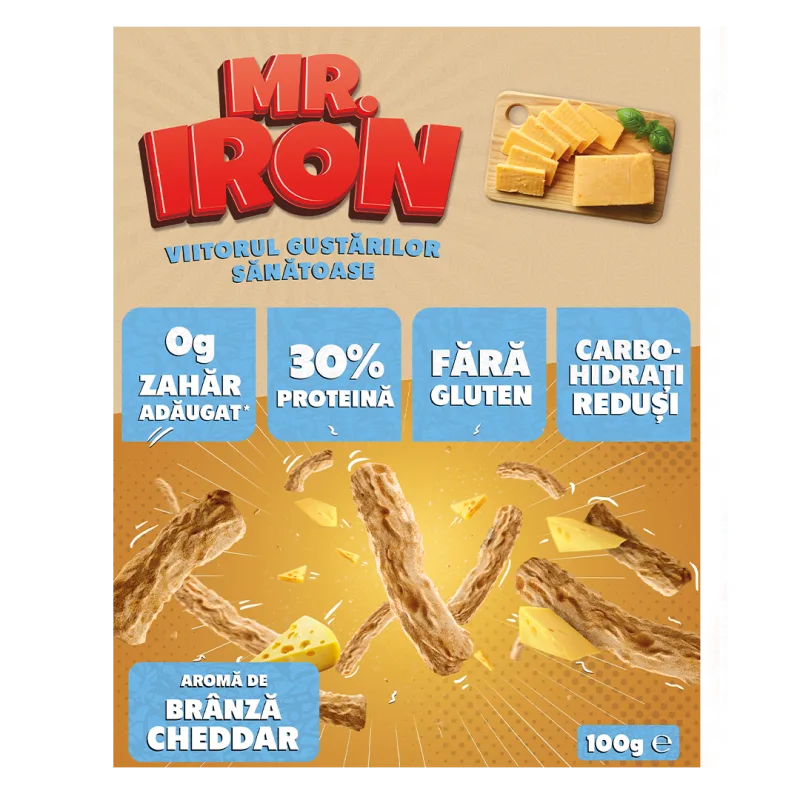 Snack cu 30% proteina fara zahar low-carb gluten free Branza Ceddar Tojos, 100g, Mr. Iron — preț și oferte