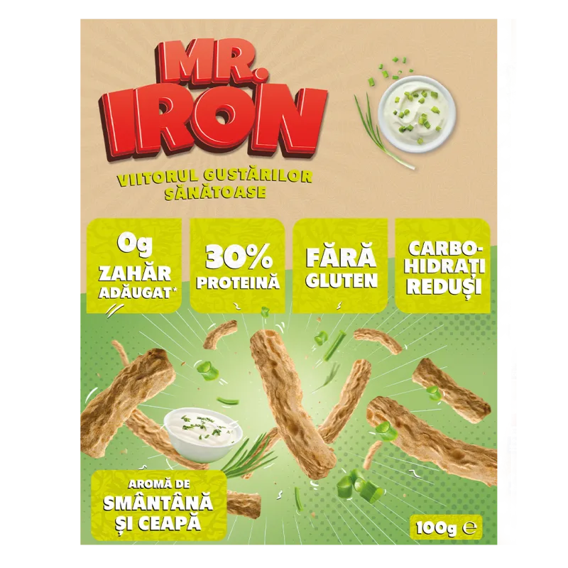 Snack cu 30% proteina fara zahar low-carb gluten free Smantana si Ceapa Tojos, 100g, Mr. Iron — preț și oferte