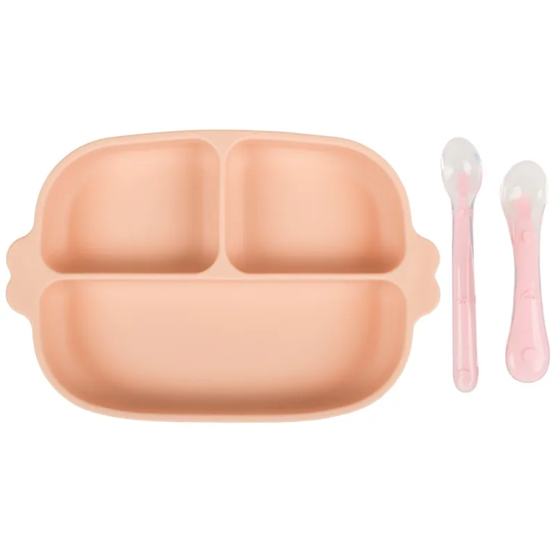 Set farfurie cu ventuza si 2 lingurite din silicon fara BPA roz, 1 bucata, KidsCare — preț și oferte