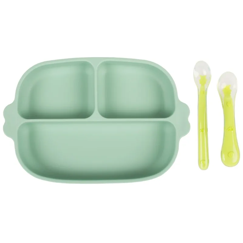 Set farfurie cu ventuza si 2 lingurite din silicon fara BPA verde, 1 bucata, KidsCare — preț și oferte