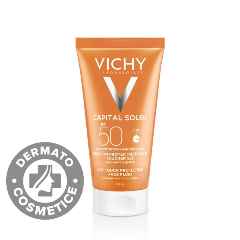 Emulsie matifianta cu protectie solara SPF 50+ pentru fata cu efect anti-stralucire pentru ten gras-mixt Capital Soleil Dry Touch, 50ml, Vichy — preț și oferte