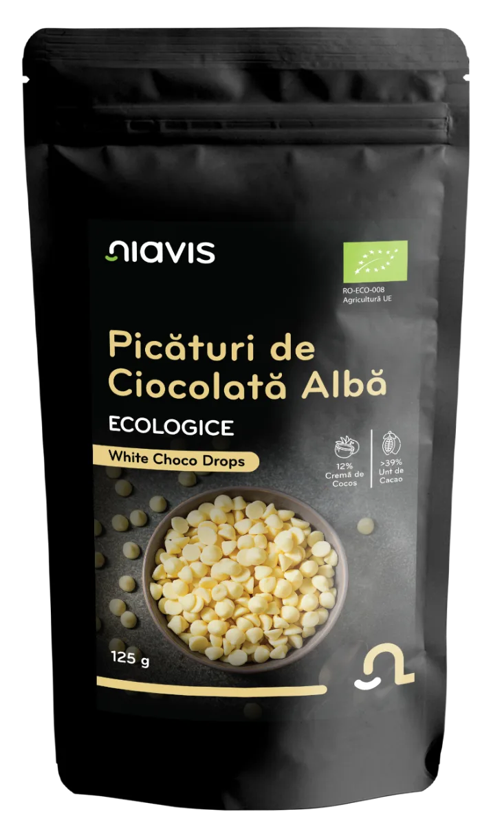 Picaturi de ciocolata alba ecologice, 125g, Niavis — preț și oferte