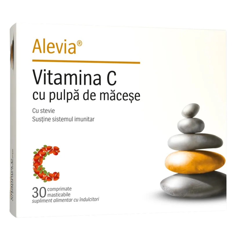 Vitamina C cu pulpa de macese si stevie, 30 comprimate, Alevia — preț și oferte
