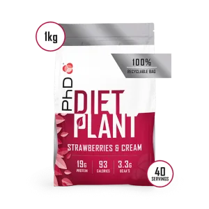 Pudra proteica Diet Plant cu aroma de capsuni si frisca, 1kg, PhD