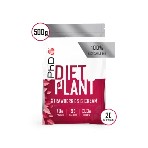 Pudra proteica Diet Plant cu aroma de capsuni si frisca, 500g, PhD