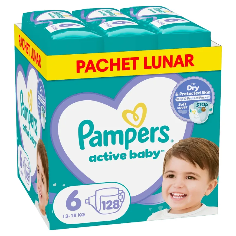 Scutece Active Baby XXL Box Marimea 6 pentru 13 -18 kg, 128 bucati, Pampers — preț și oferte