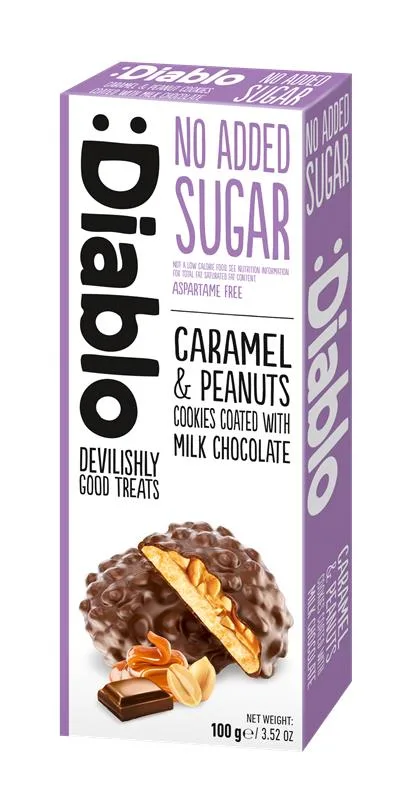 Fursecuri fara zahar cu invelis de ciocolata cu lapte si umplutura de caramel si arahide, 100g, Diablo — preț și oferte