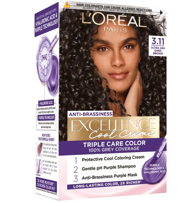Vopsea de par permanenta Excellence Cool Creme 3.11 Saten Inchis Ultra-Cenusiu, 192ml, L'Oreal Paris — preț și oferte