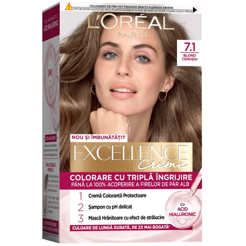 Vopsea de par permanenta Excellence Creme 7.1 Blond Cenusiu, 192ml, L'Oreal Paris — preț și oferte