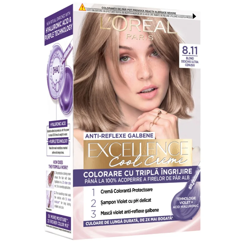 Vopsea de par permanenta Excellence Cool Creme 8.11 Blond Deschis Ultra-Cenusiu, 192ml, L'Oreal Paris — preț și oferte