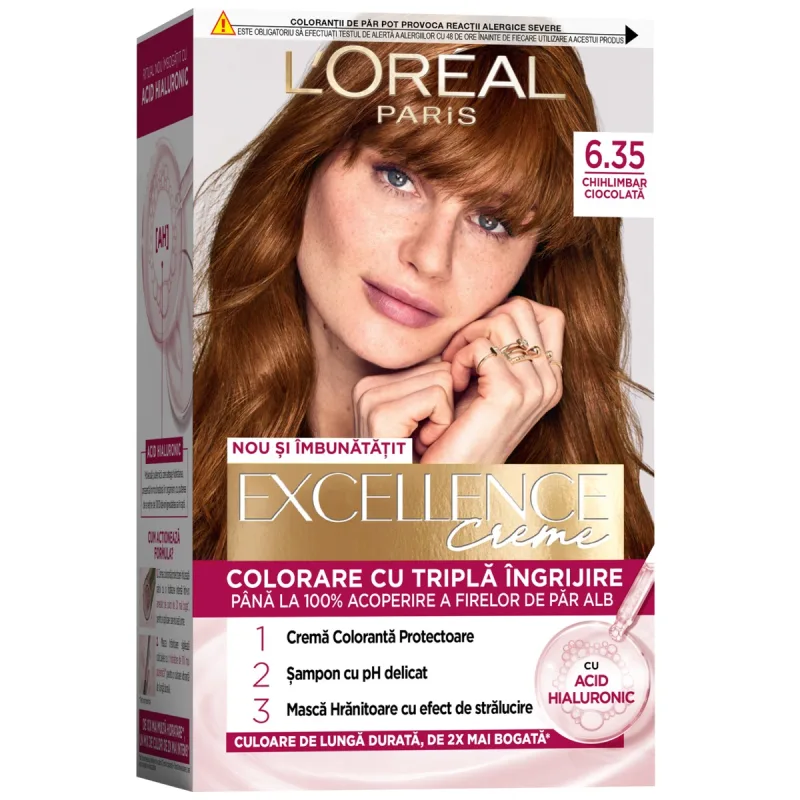 Vopsea de par permanenta Excellence Creme 6.35 Chihlimbar Ciocolata, 192ml, L'Oreal Paris — preț și oferte