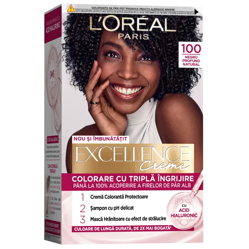 Vopsea de par permanenta Excellence Creme 100 Negru Profund Natural, 192ml, L'Oreal Paris — preț și oferte