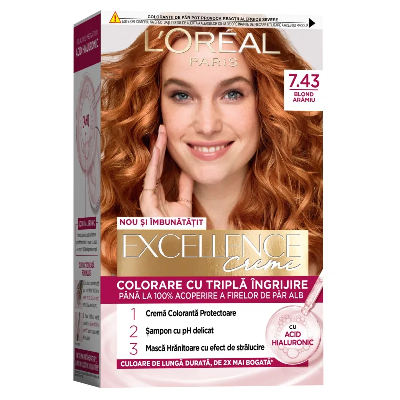 Vopsea de par permanenta Excellence Creme 7.43 Blond Aramiu, 192ml, L'Oreal Paris — preț și oferte