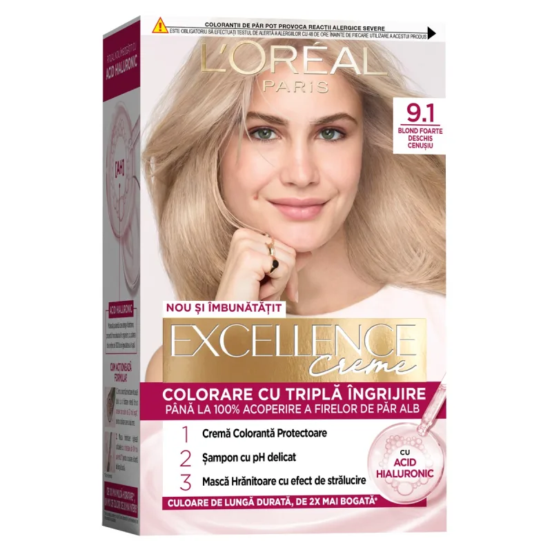 Vopsea de par permanenta Excellence Creme 9.1 Blond Foarte Deschis Cenusiu, 192ml, L'Oreal Paris — preț și oferte