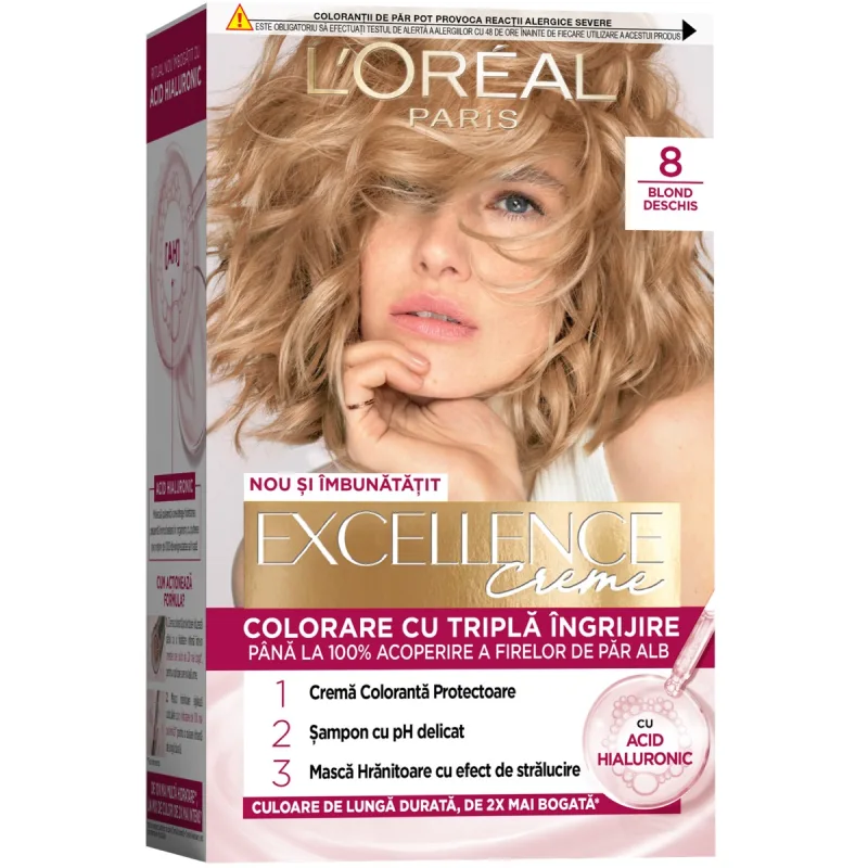 Vopsea de par permanenta Excellence Creme 8 Blond Deschis, 192ml, L'Oreal Paris — preț și oferte