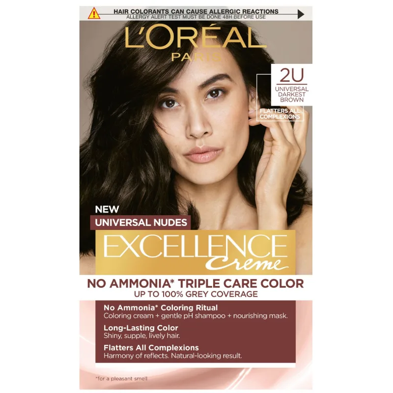 Vopsea de par permanenta fara amoniac Excellence Universal Nudes 2U Darkest Brown, 192ml, L'Oreal Paris — preț și oferte