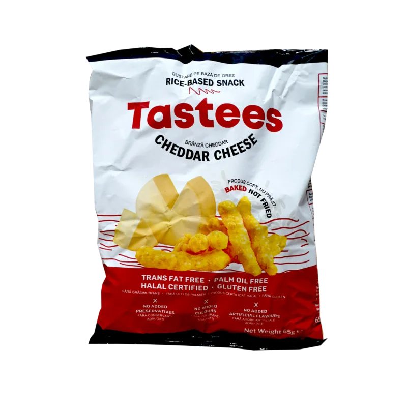Snack din orez cu aroma de branza cheddar, 65g, Tastees — preț și oferte