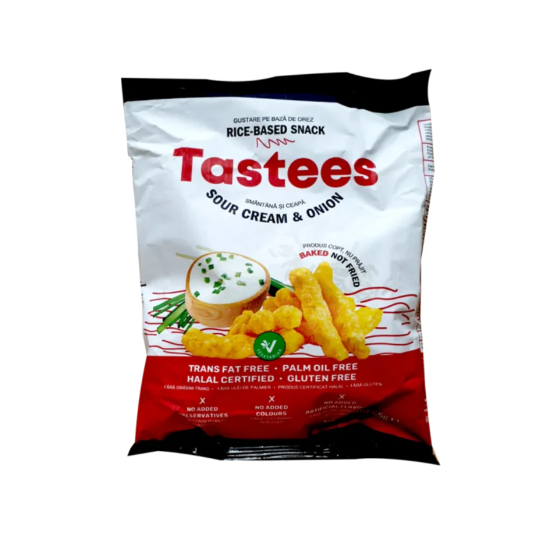 Snack din orez cu aroma de smantana si ceapa, 65g, Tastees — preț și oferte
