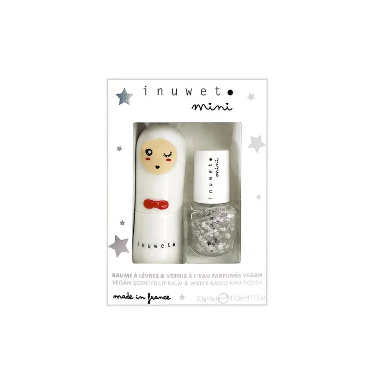 Set pentru copii Balsam de buze cu parfum de vata de zahar 3.5g + Oja pe baza de apa fara parfum cu stelute 3ml, Inuwet — preț și oferte
