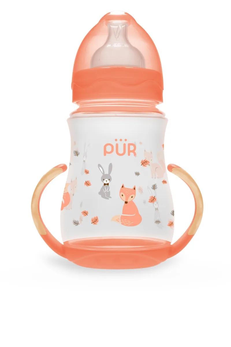 Biberon cu gura larga desen si manere +6luni, 250ml, PUR — preț și oferte