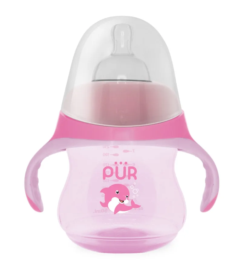 Biberon cu manere tip delfin roz +6luni, 230ml, PUR — preț și oferte