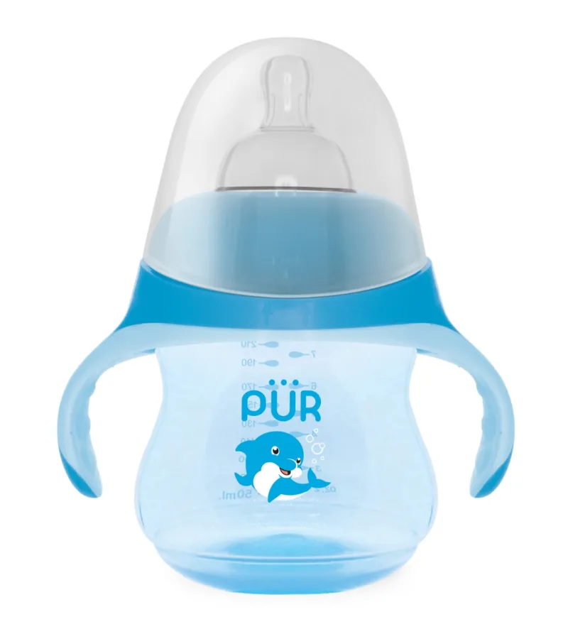 Biberon cu manere tip delfin albastru +6 luni, 230ml, PUR — preț și oferte