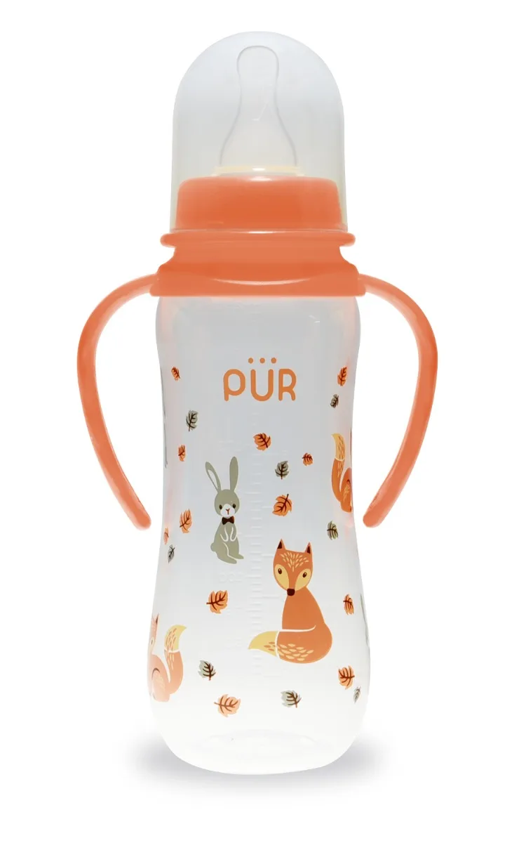 Biberon cu desen si manere piersica +6 luni, 250ml, PUR — preț și oferte