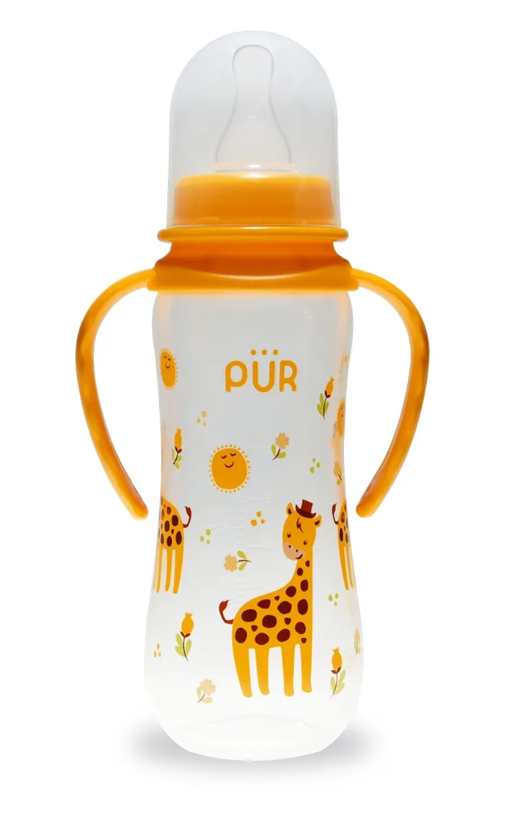 Biberon cu desen si manere galben +6 luni, 250ml, PUR — preț și oferte