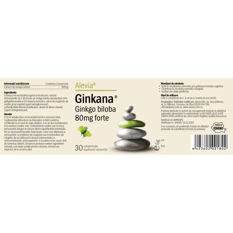 Pachet Ginkana Ginkgo biloba 80mg forte 1+1 Gratuit, 2 x 30 comprimate, Alevia — preț și oferte
