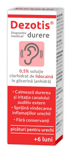 Picaturi pentru urechi cu Lidocaina 0.5% Dezotis, 7g, Zdrovit