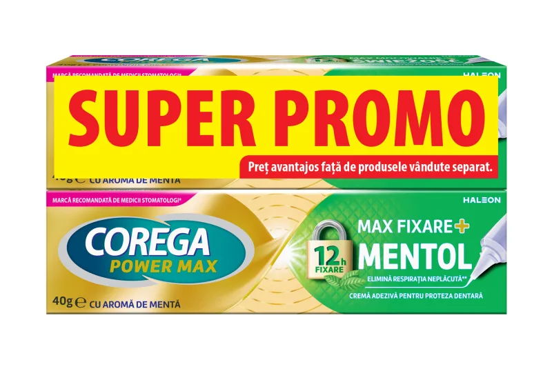 Pachet Crema adeziva pentru proteza dentara Max Fixare+ Mentol 2x 40g, Corega — preț și oferte