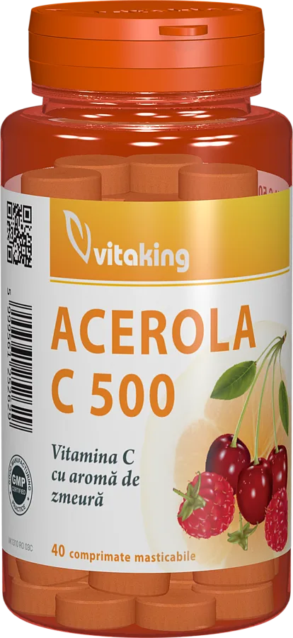 Vitamina C 500mg cu acerola si gust de zmeura, 40 comprimate masticabile, Vitaking — preț și oferte